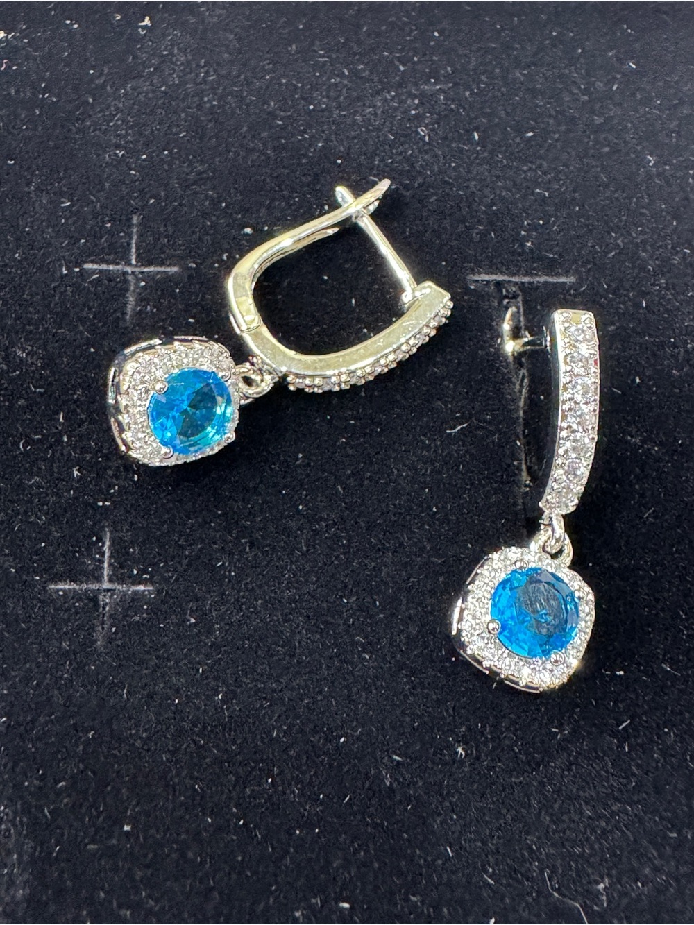 Blue Topaz and Moissanite Blue Crystal Halo Drop Earrings - Picture 5 of 12